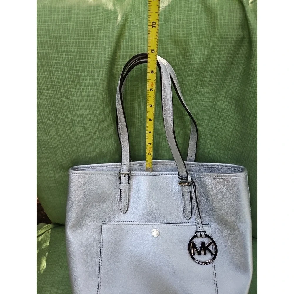Michael Kors Jet Set Silver Metallic Tote Bag Purse Satchel MK‎ Logo Large